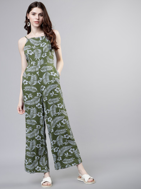 

Tokyo Talkies Women Olive Green & Grey Printed Basic Jumpsuit