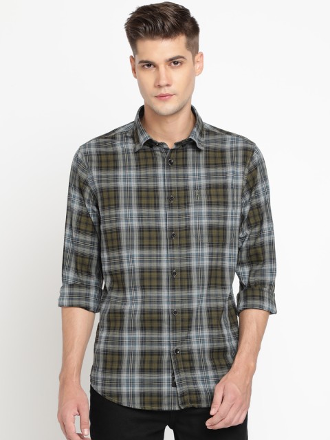 

TED HARBOR Men Green & Grey Slim Fit Checked Casual Shirt