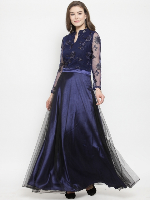 

Just Wow Women Navy Blue Floral Embroidered Maxi Dress