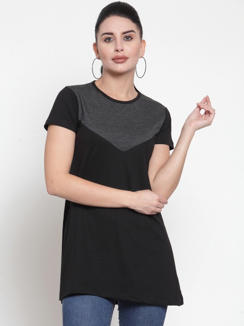 Kalt Women Black & Grey Melange Colourblocked Round Neck Longline T-shirt