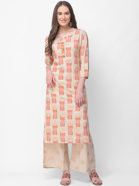 

aayusika Women Beige & Orange Printed Kurta with Palazzos