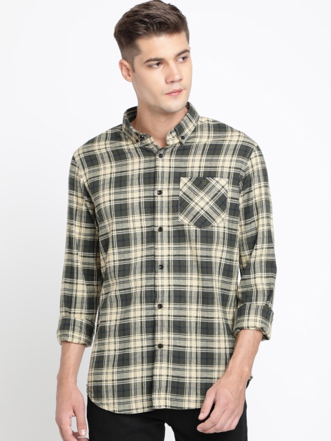 

TED HARBOR Men Green & Cream-Coloured Slim Fit Checked Casual Shirt