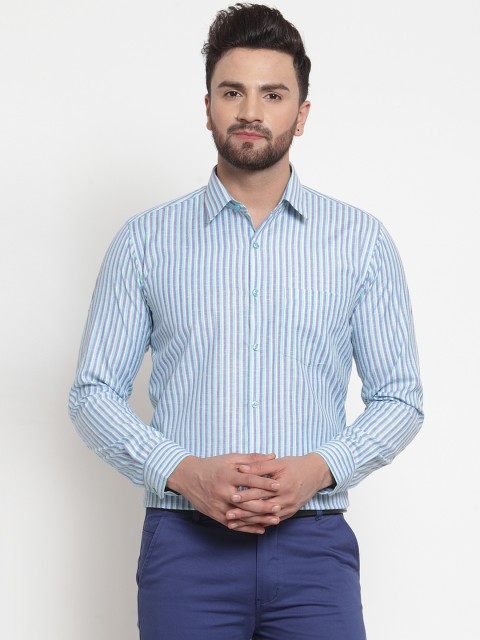 

English Navy Men Blue & Sea Green Slim Fit Striped Formal Shirt