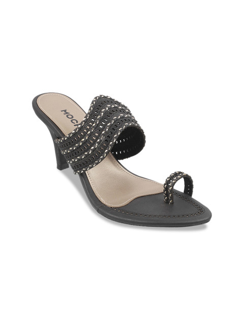 

Mochi Women Black & Silver-Toned Woven Design Heels