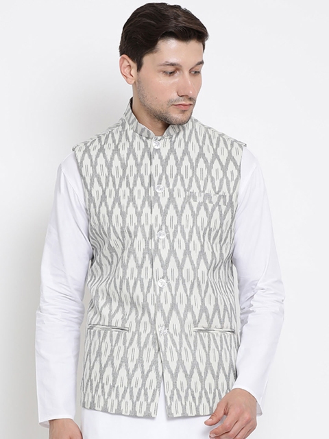 

VASTRAMAY Men Off-White & Black Woven Printed Woven Nehru Jacket