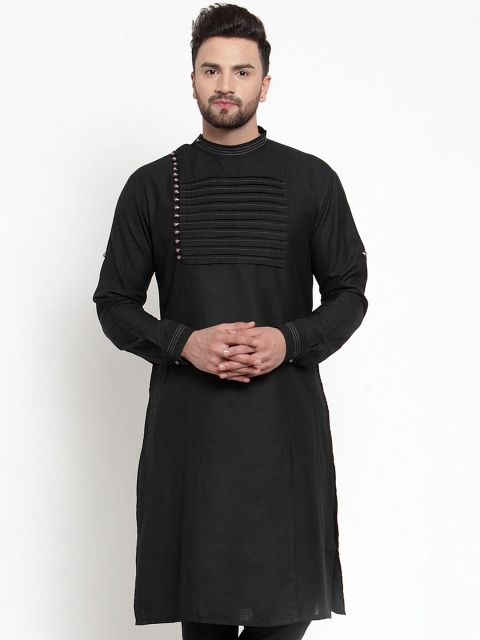 

TREEMODA Men Black & Black Solid Straight Linen Kurta