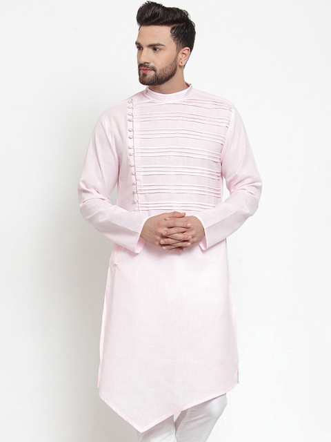 

TREEMODA Men Pink Solid Linen Asymmetric Straight Kurta