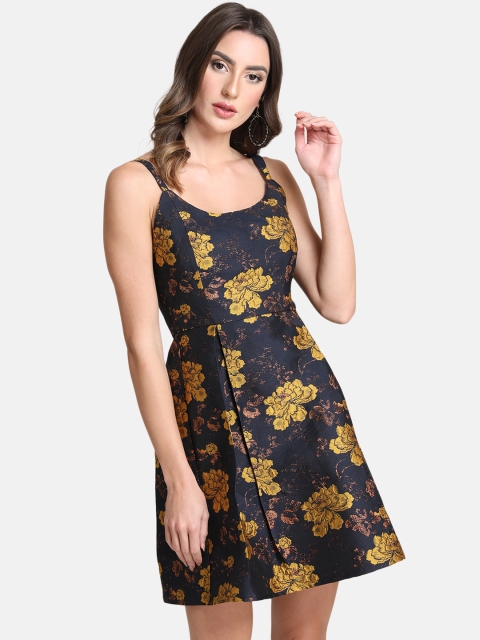 

Kazo Women Navy Blue & Gold-Toned Floral Printed Fit and Flare Dress
