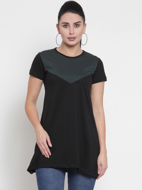 

Kalt Women Black & Green Colourblocked Round Neck Longline T-shirt
