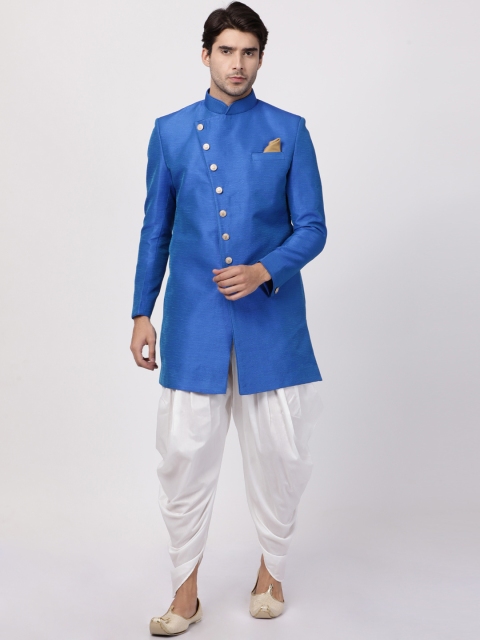 

VASTRAMAY Men Blue & White Solid Sherwani With Dhoti Pant Set