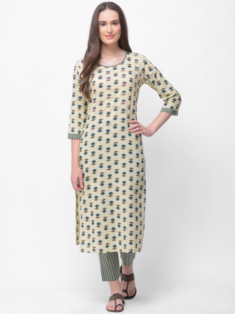 aayusika Women Cream-Coloured & Blue Printed Kurta with Trousers