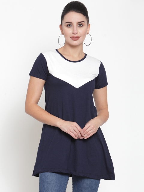

Kalt Navy Blue & White Colourblocked Tunic
