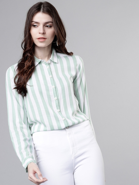

Tokyo Talkies Women Green & White Regular Fit Striped Casual Shirt