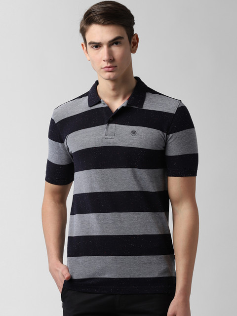 

Peter England Casuals Men Navy Blue & Grey Striped Polo Collar T-shirt