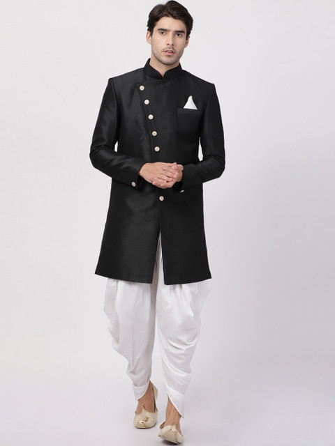 

VASTRAMAY Men Black & White Solid Silk Sherwani With Dhoti Pants