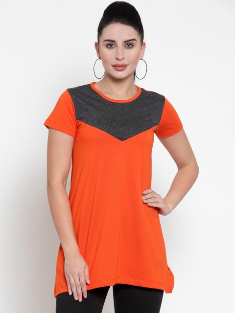 

Kalt Women Orange & Grey Melange Colourblocked Round Neck Longline T-shirt