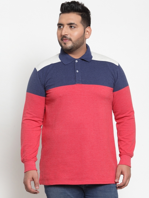 

plusS Men Red Colourblocked Polo Collar T-shirt, Coral
