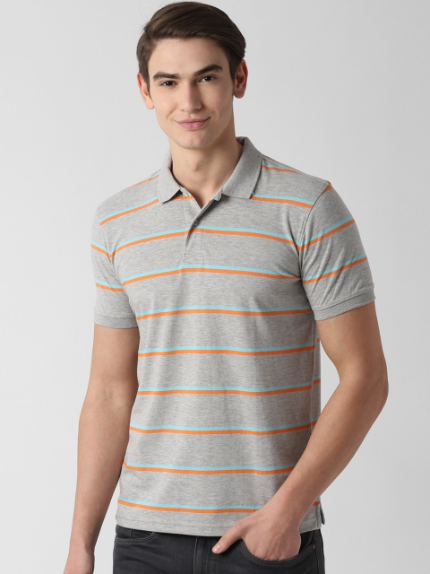 

Peter England Casuals Men Grey & Orange Striped Polo Collar T-shirt