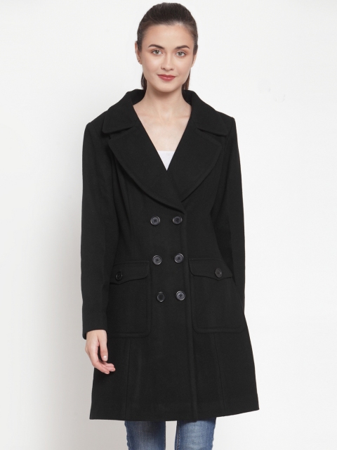 

Owncraft Women Black Solid Double Breasted Longline Woolen Overcoat