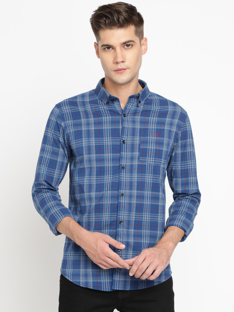 

TED HARBOR Men Blue & Beige Slim Fit Checked Casual Shirt