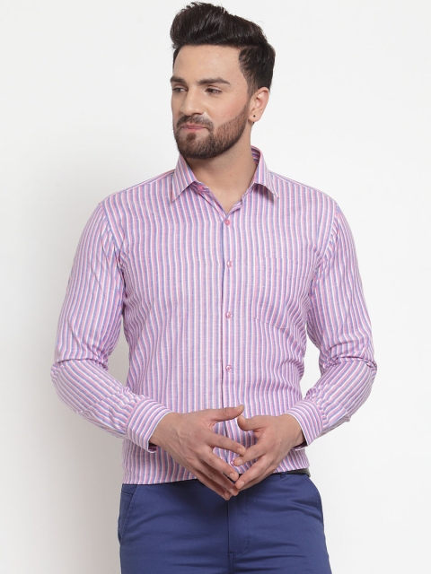 

English Navy Men Blue & Pink Slim Fit Striped Formal Shirt