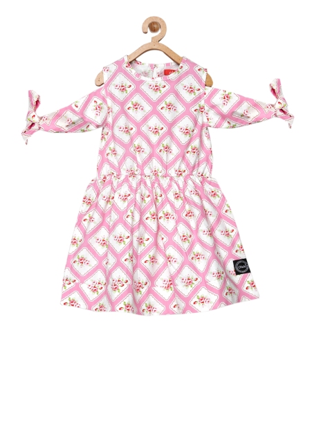 

Olele Girls Pink & Off-White Floral Printed Fit and Flare Dress