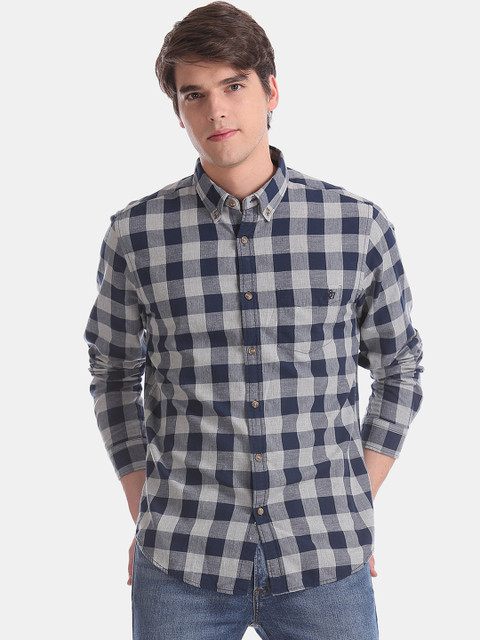 

Aeropostale Men Navy Blue & Grey Slim Fit Checked Casual Shirt