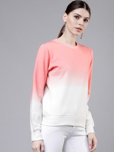 

Tokyo Talkies Women Peach-Coloured & White Colourblocked Sweatshirt