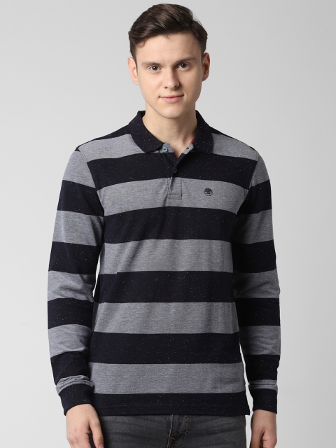 

Peter England Casuals Men Navy Blue & Grey Striped Polo Collar T-shirt