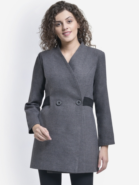 Martini Women Grey Solid Double-Breasted Woolen Pea Coat