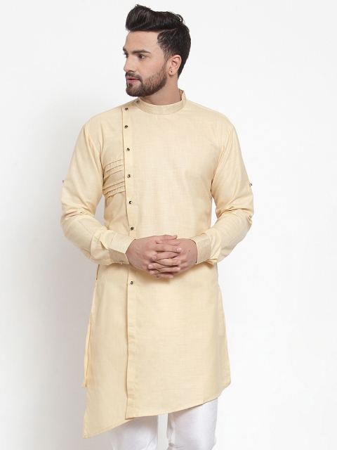 

TREEMODA Men Beige Solid Linen Asymmetric Straight Kurta