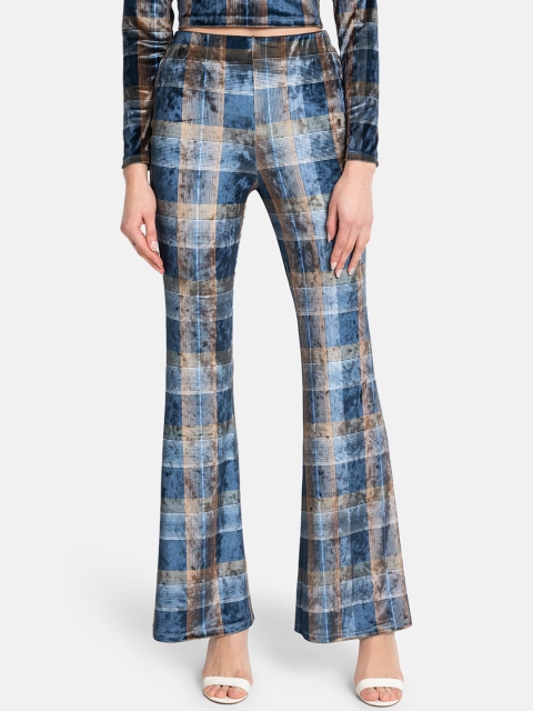 

Kazo Women Blue & Brown Slim Fit Checked Bootcut Trousers