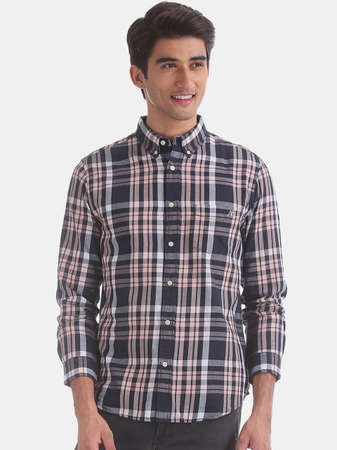 

Aeropostale Men Navy Blue & Peach-Coloured Slim Fit Checked Casual Shirt