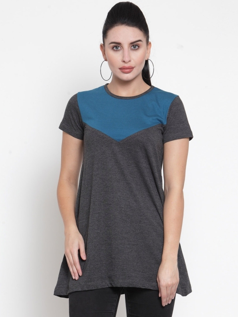 

Kalt Women Grey Melange & Teal Blue Colourblocked Round Neck Longline T-shirt