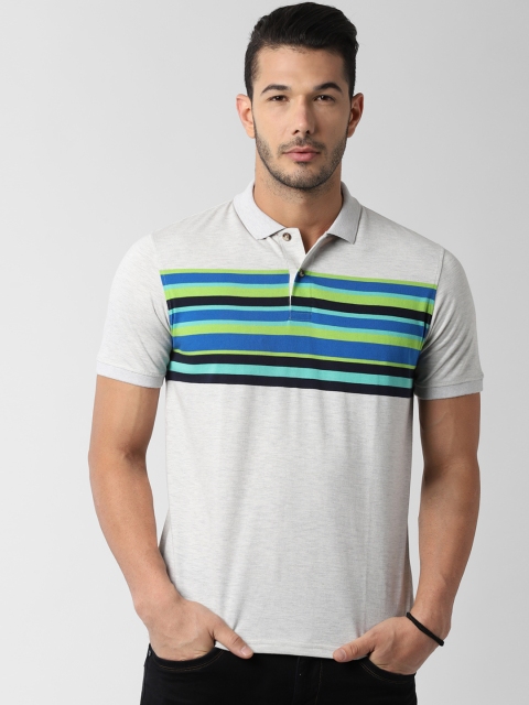 

Peter England Casuals Men Grey & Blue Striped Polo Collar T-shirt