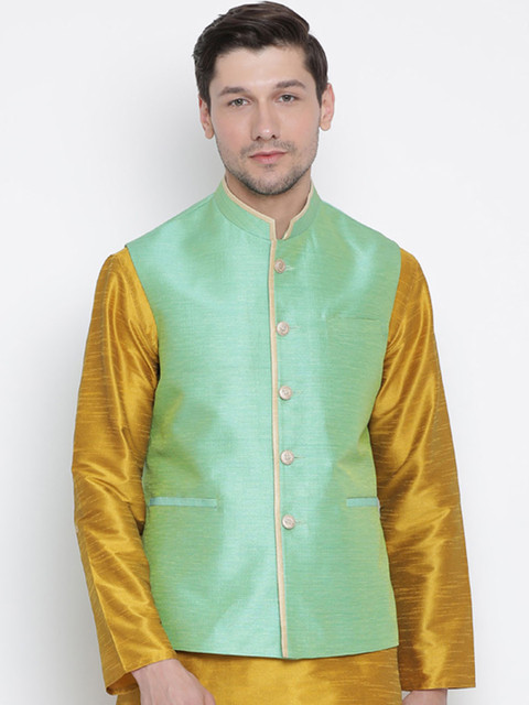 

VASTRAMAY Men Green & Beige Solid Woven Nehru Jacket