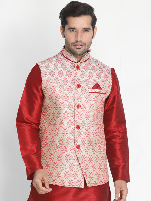 

VASTRAMAY Men Red & Rose Coloured Woven Design Nehru Jacket