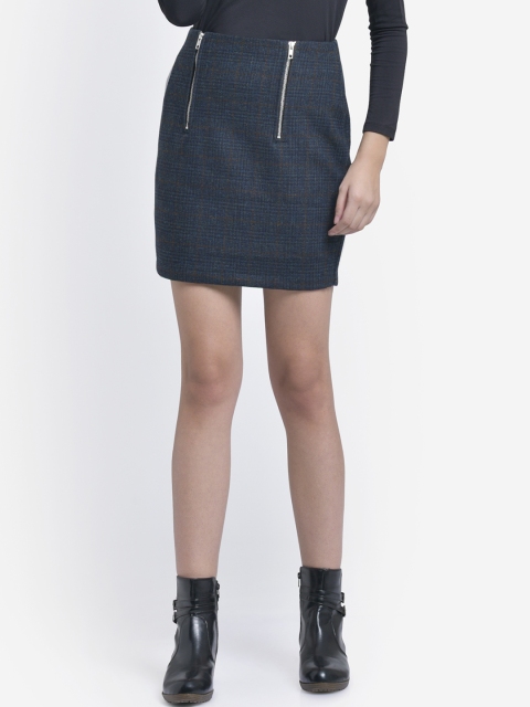 

Martini Women Blue & Brown Checked Woollen High-Rise Mini Pencil Skirt, Teal