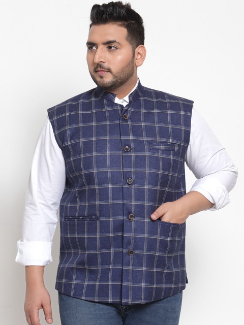 

plusS Men Blue & Beige Checked Nehru Jacket