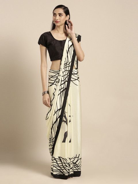 

Mitera Cream-Coloured & Black Pure Crepe Printed Saree