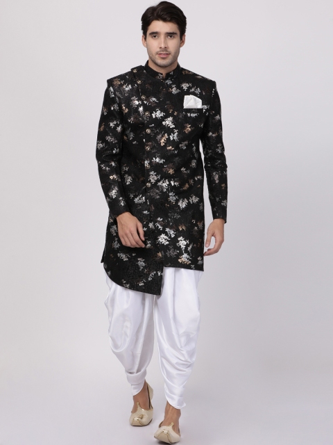 

VASTRAMAY Men Black & White Floral Printed Silk Sherwani With Dhoti Pants