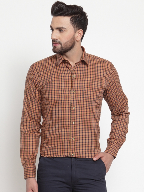 

Hancock Men Mustard & Navy Blue Slim Fit Checked Formal Shirt