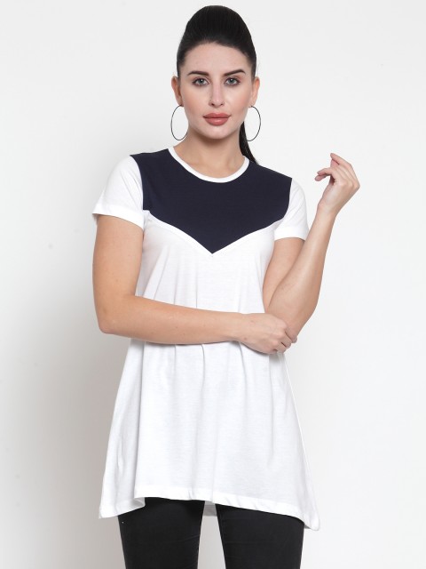 

Kalt Women White & Navy Blue Colourblocked Round Neck Longline T-shirt