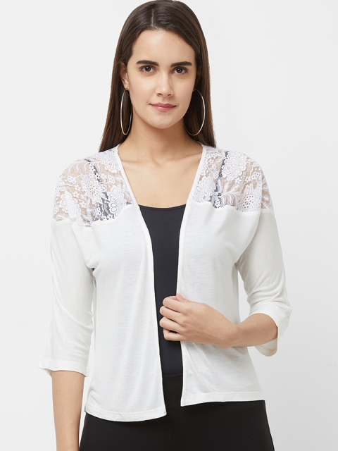 

109F Women White Self Design Open Front Shrug