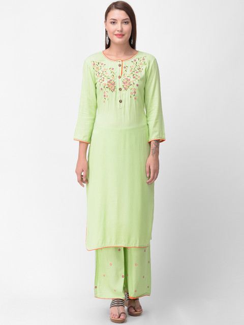 

aayusika Women Green Embroidered Kurta with Palazzos
