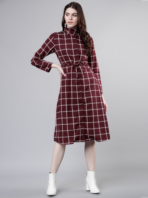 

Tokyo Talkies Women Burgundy & White Checked Shirt Dress