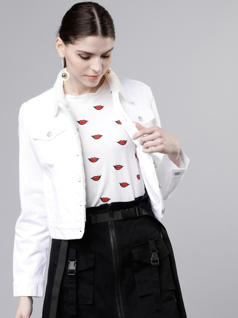 Women White Solid Denim Jacket
