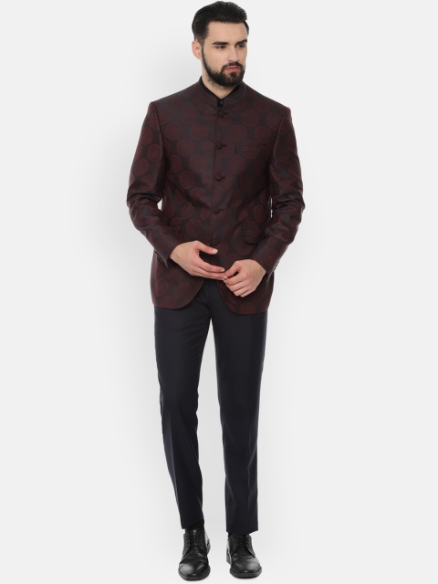 

Van Heusen Men Maroon & Black Printed Bandhgala Slim-Fit Suit
