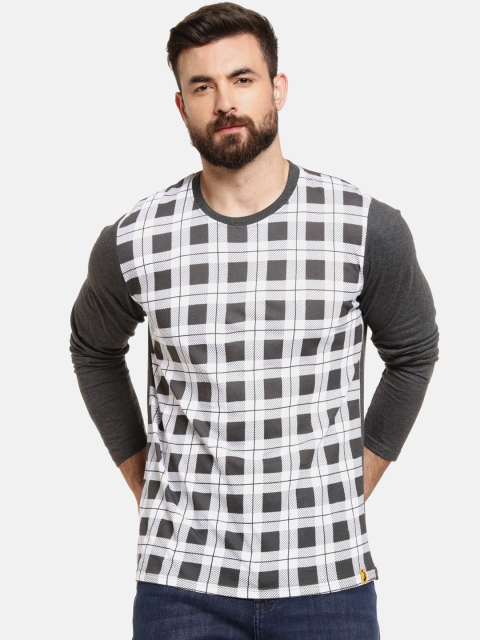 

Campus Sutra Men Grey & White Checked Round Neck T-shirt