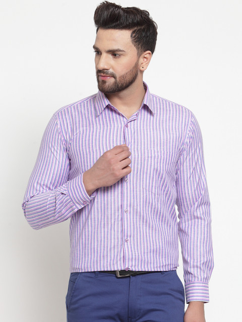 

English Navy Men Blue & Purple Slim Fit Striped Formal Shirt